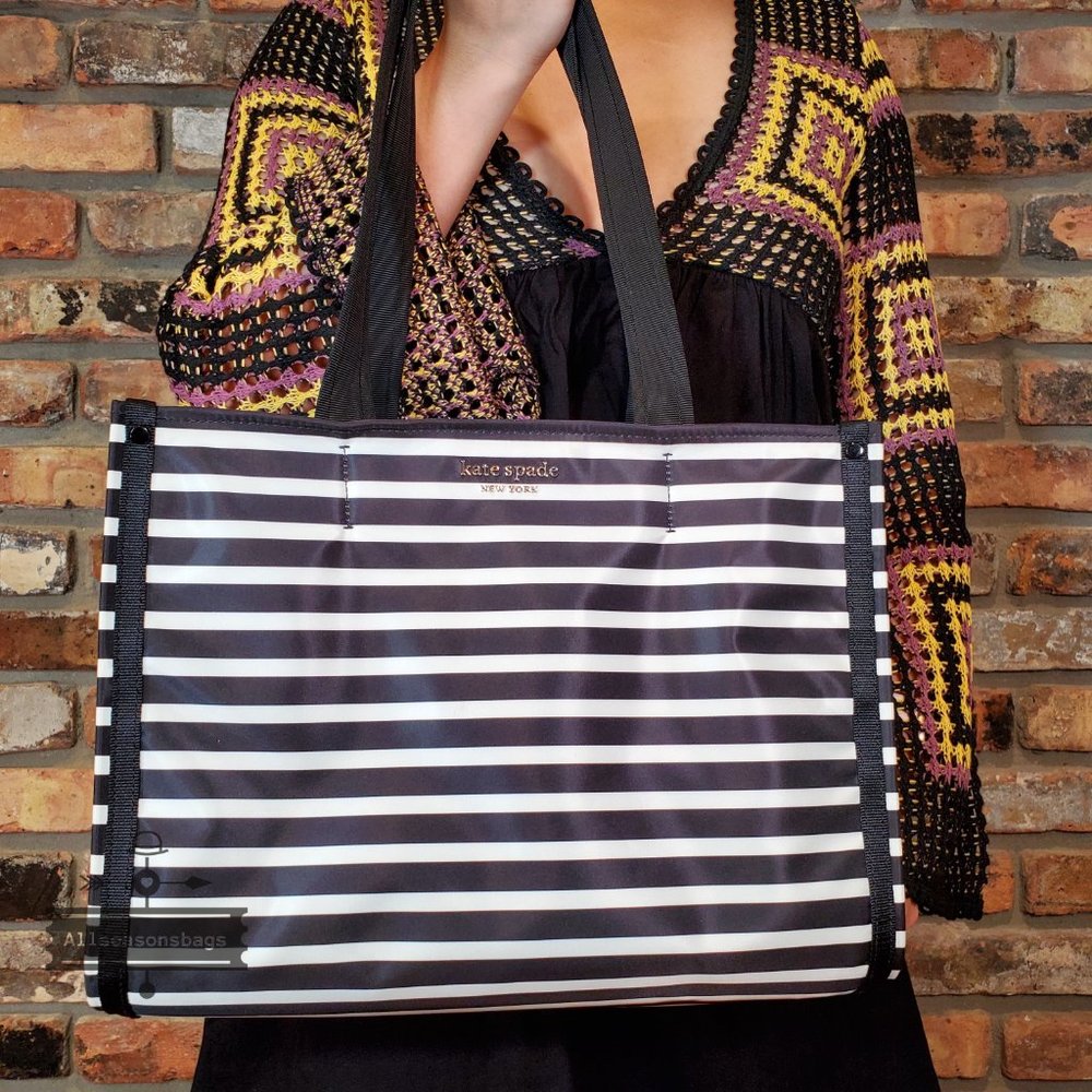 kate spade the little better sam striped medium tote bag Black Cream NWT $198